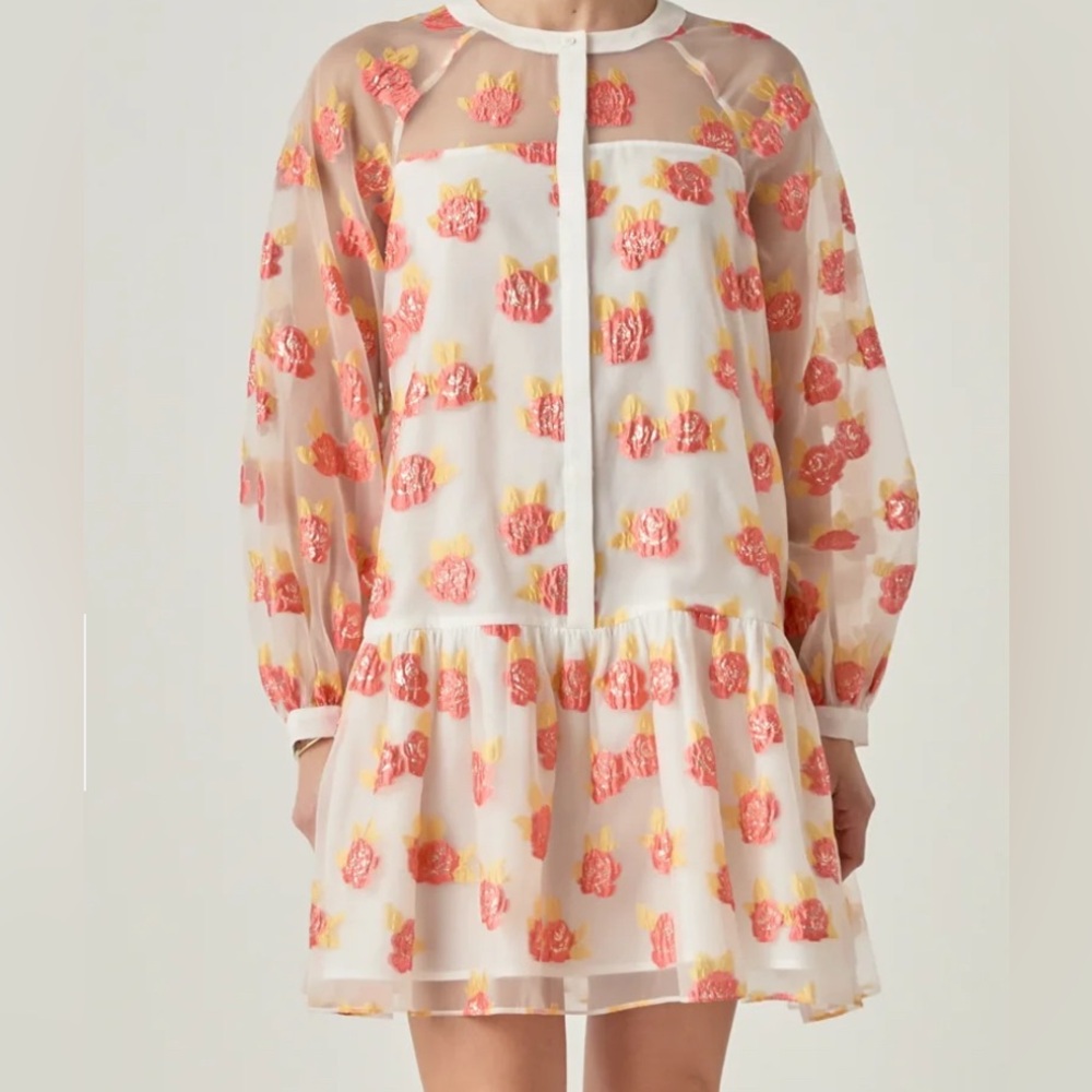 Never worn English Factory Floral Sheer Dress with Orange and Yellow Accents